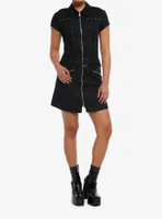 Black Lace-Up Grommet Zipper Dress