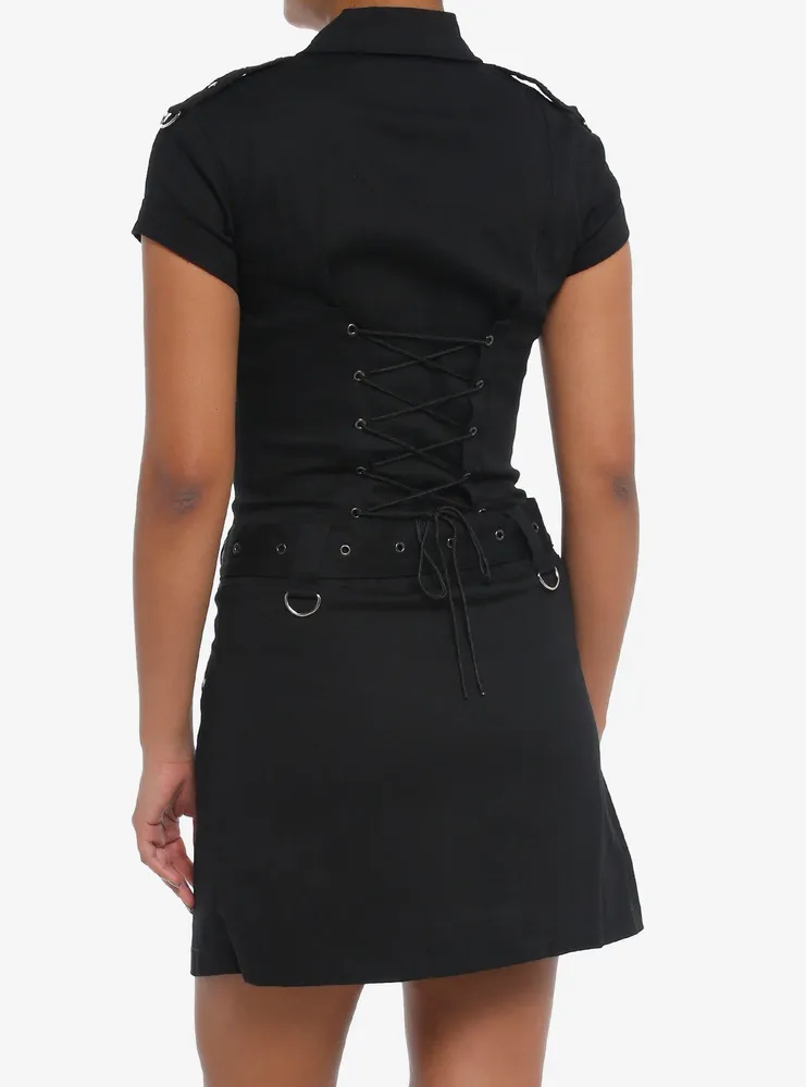 Black Lace-Up Grommet Zipper Dress