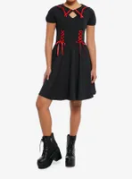 Black & Red Lace-Up Ribbon Skater Dress