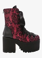 Strange Cvlt Pandora Pink & Black Lace Platform Boots