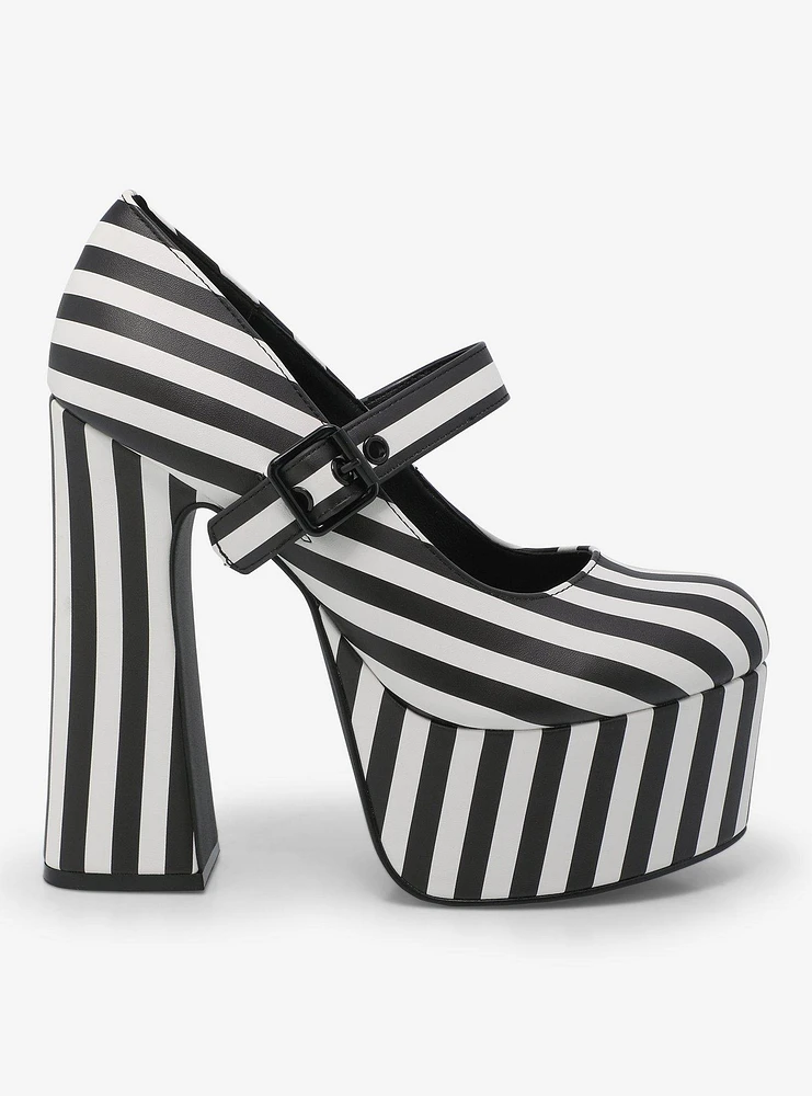 Strange Cvlt Widow Black & White Stripe Platform Heels