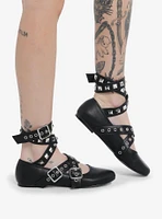 Strange Cvlt Black Stud Strappy Ballet Flats