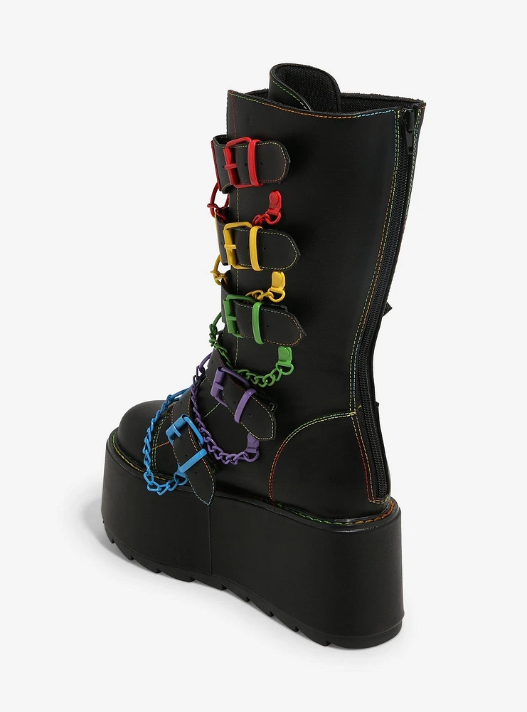 YRU Black Glitch Rainbow Buckle Chain Platform Boots