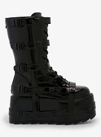 YRU Black Patent Heart Harness Platform Boots