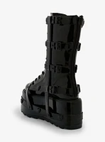 YRU Black Patent Heart Harness Platform Boots