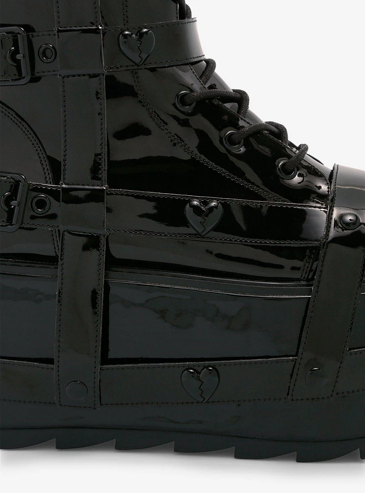 YRU Black Patent Heart Harness Platform Boots