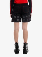 Social Collision® Red Contrast Stitch Grommet Belt Carpenter Shorts