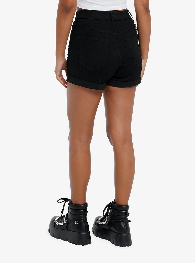 Black Punk Patches Side Chain Shorts