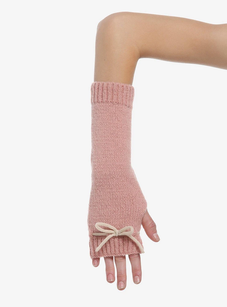 Pink Cream Bow Fuzzy Arm Warmers