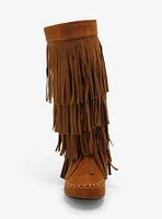 Yoki Brown Faux Suede Fringe Boots