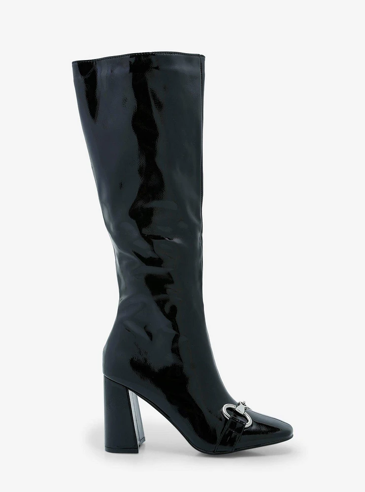 Yoki Shiny Black Buckle Knee-High Heel Boots