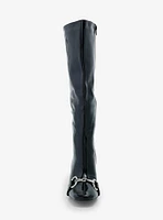 Yoki Shiny Black Buckle Knee-High Heel Boots