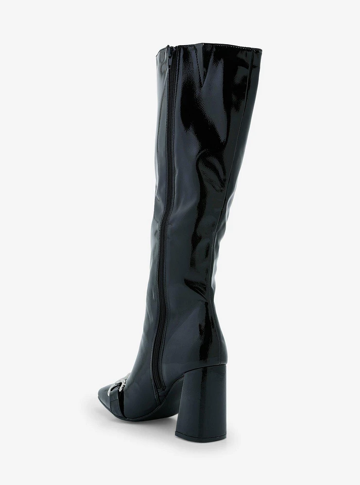 Yoki Shiny Black Buckle Knee-High Heel Boots