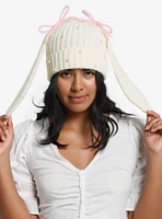 Bunny Ear Pearl Pink Ribbon Beanie