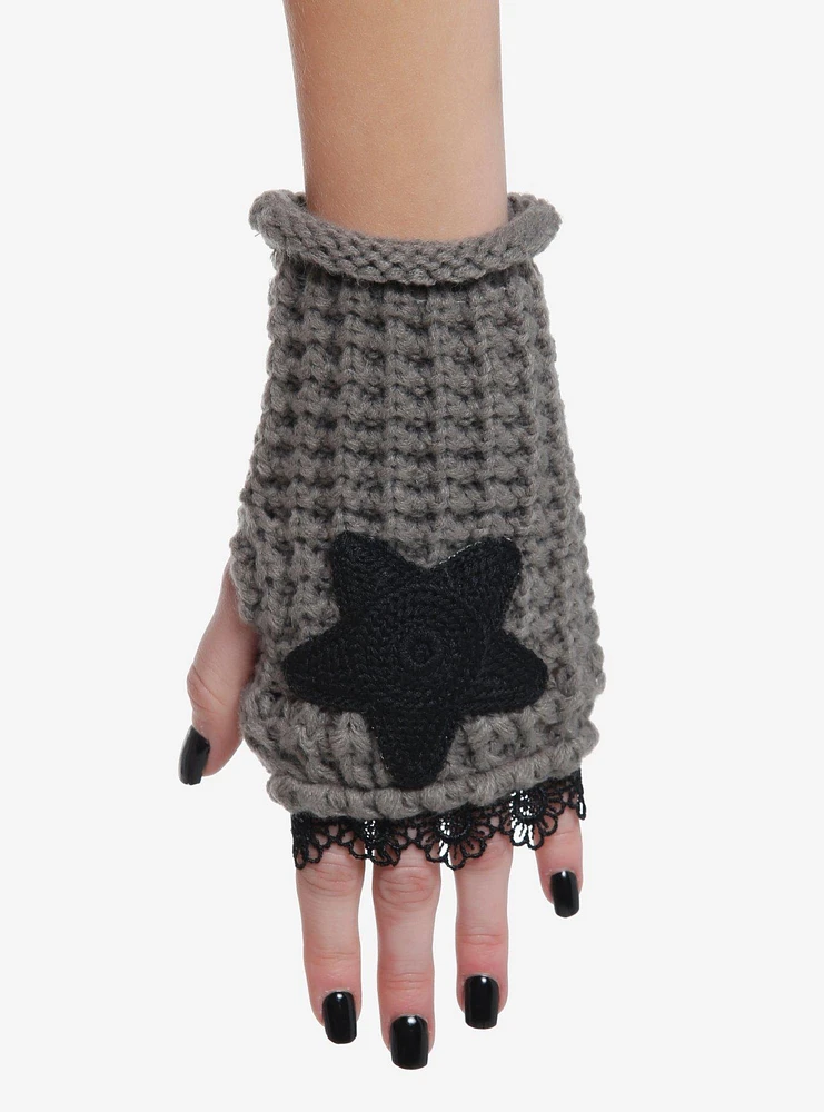 Grey & Black Star Crochet Fingerless Gloves