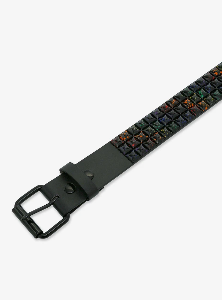 Rainbow Splatter Black Pyramid Stud Belt