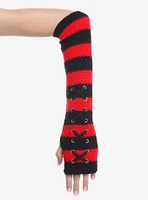 Black & Red Stripe Lace-Up Crochet Arm Warmers