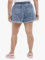 Keroppi Face Elastic High-Waisted Denim Shorts Plus