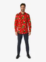 Christmas Trees Stars Red Long Sleeve Button-Up Shirt