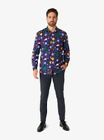 Christmas Icons Blue Long Sleeve Button-Up Shirt