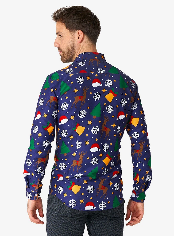 Christmas Icons Blue Long Sleeve Button-Up Shirt