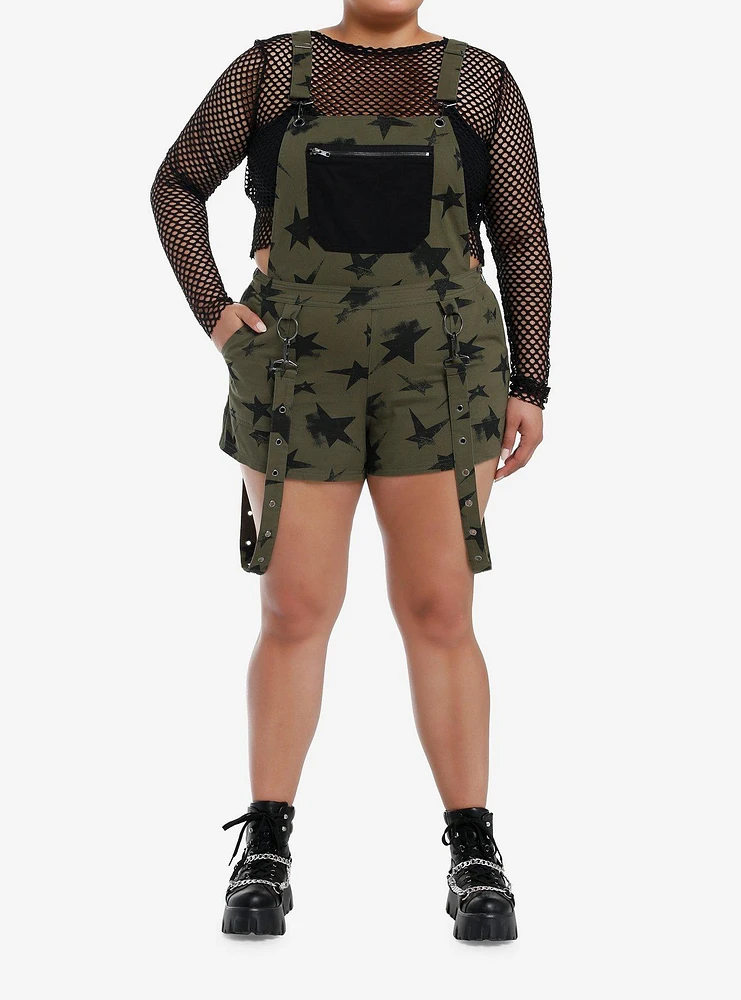 Social Collision Olive & Black Star Suspender Shortalls Plus