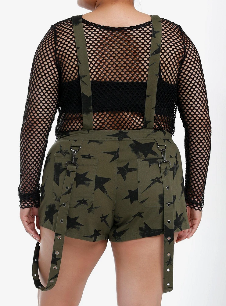 Social Collision Olive & Black Star Suspender Shortalls Plus