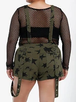 Social Collision Olive & Black Star Suspender Shortalls Plus