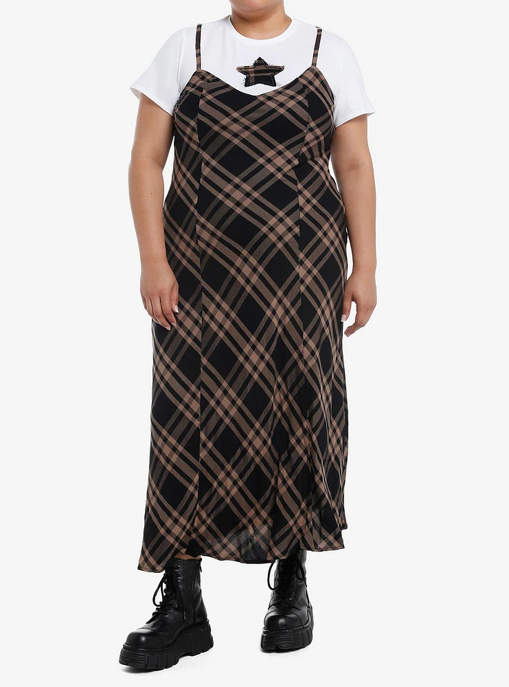 Brown & Black Plaid Star Twofer Maxi Dress Plus