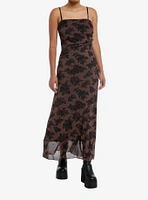 Thorn & Fable Brown Rose Ruched Mesh Midaxi Dress