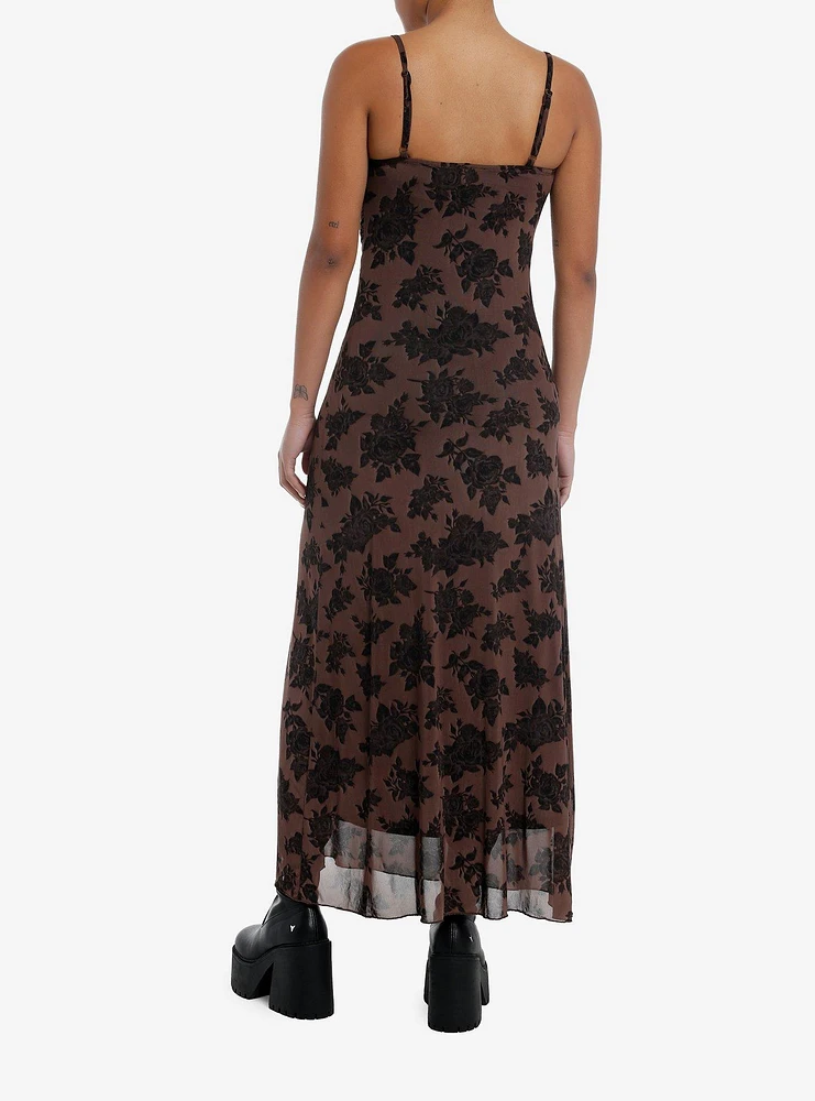 Thorn & Fable Brown Rose Ruched Mesh Midaxi Dress