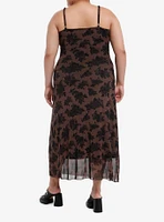 Thorn & Fable Brown Rose Ruched Mesh Midaxi Dress Plus