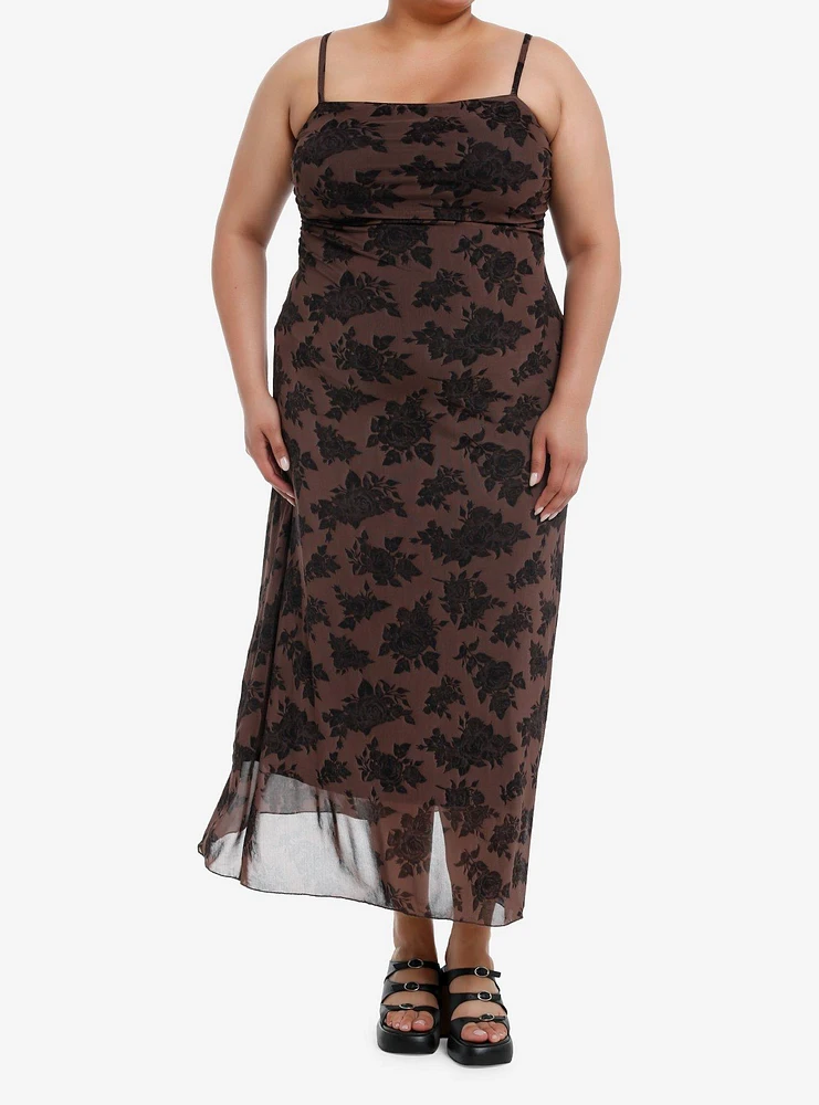 Thorn & Fable Brown Rose Ruched Mesh Midaxi Dress Plus