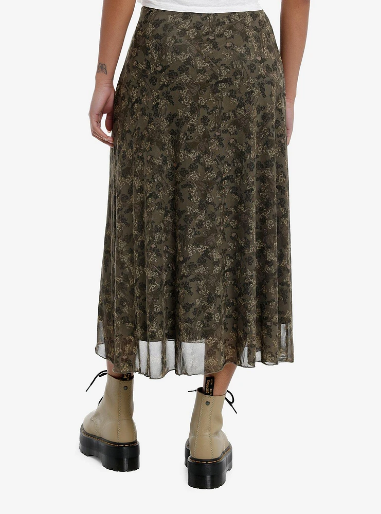 Social Collision Skeleton Flowers Green Mesh Midi Skirt