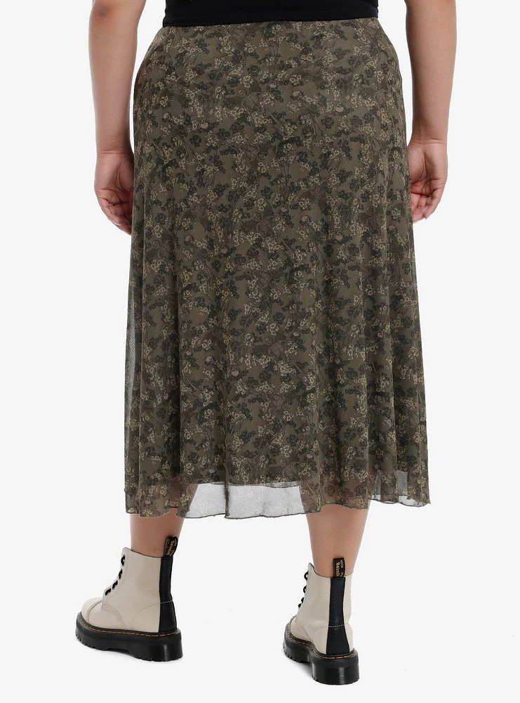 Social Collision Skeleton Flowers Green Mesh Midi Skirt Plus