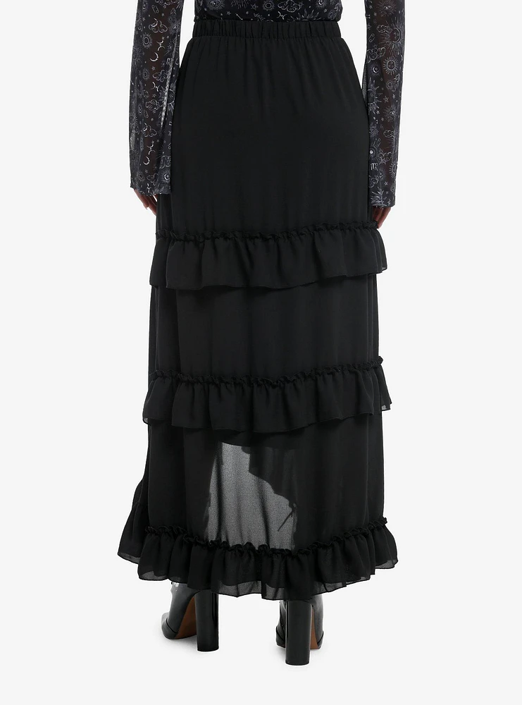 Cosmic Aura Black Tiered Ruffle Maxi Skirt