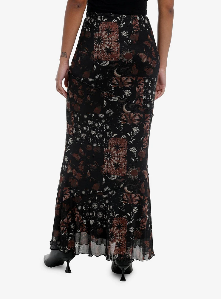 Cosmic Aura Brown & Black Celestial Patchwork Mermaid Maxi Skirt