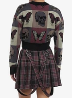 Social Collision Skull Butterfly Color-Block Girls Crop Cardigan