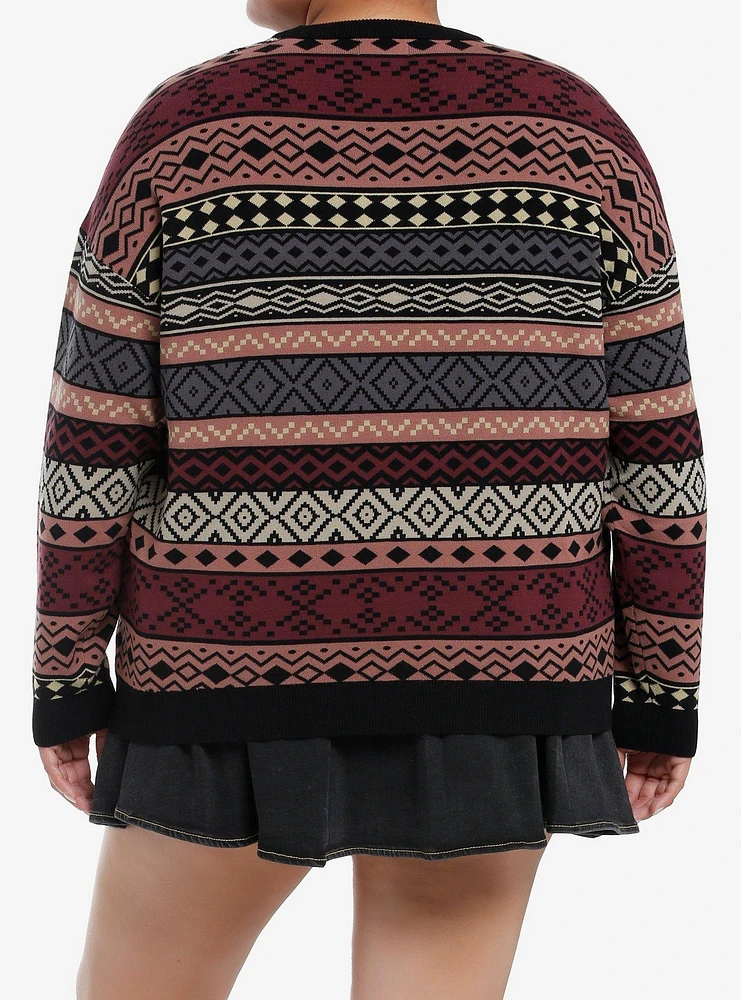 Social Collision Earth-Tone Pattern Stripe Girls Sweater Plus