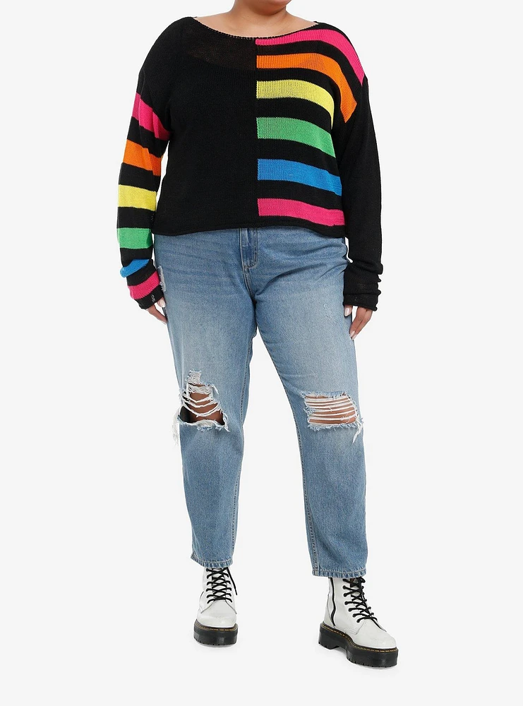 Social Collision Split Rainbow Boxy Knit Sweater Plus