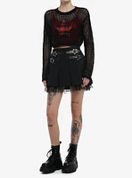 Social Collision Red Plaid Star Fishnet Girls Crop Sweater