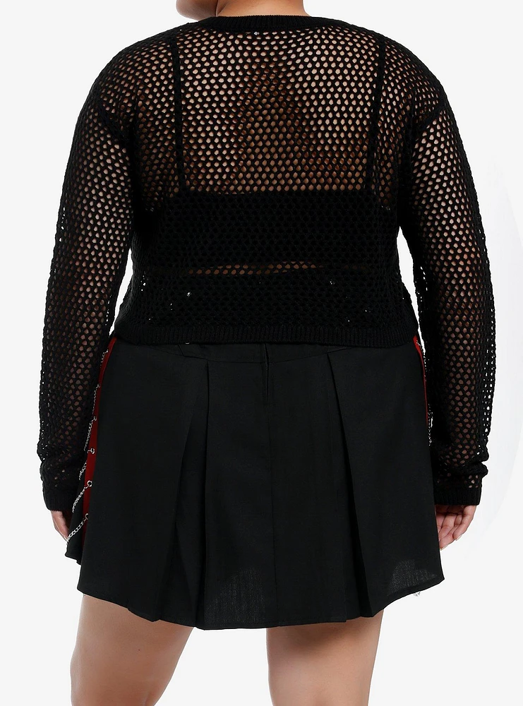 Social Collision Red Plaid Star Fishnet Girls Crop Sweater Plus