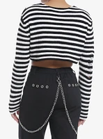 Social Collision Black & White Stripe Destructed Girls Crop Sweater