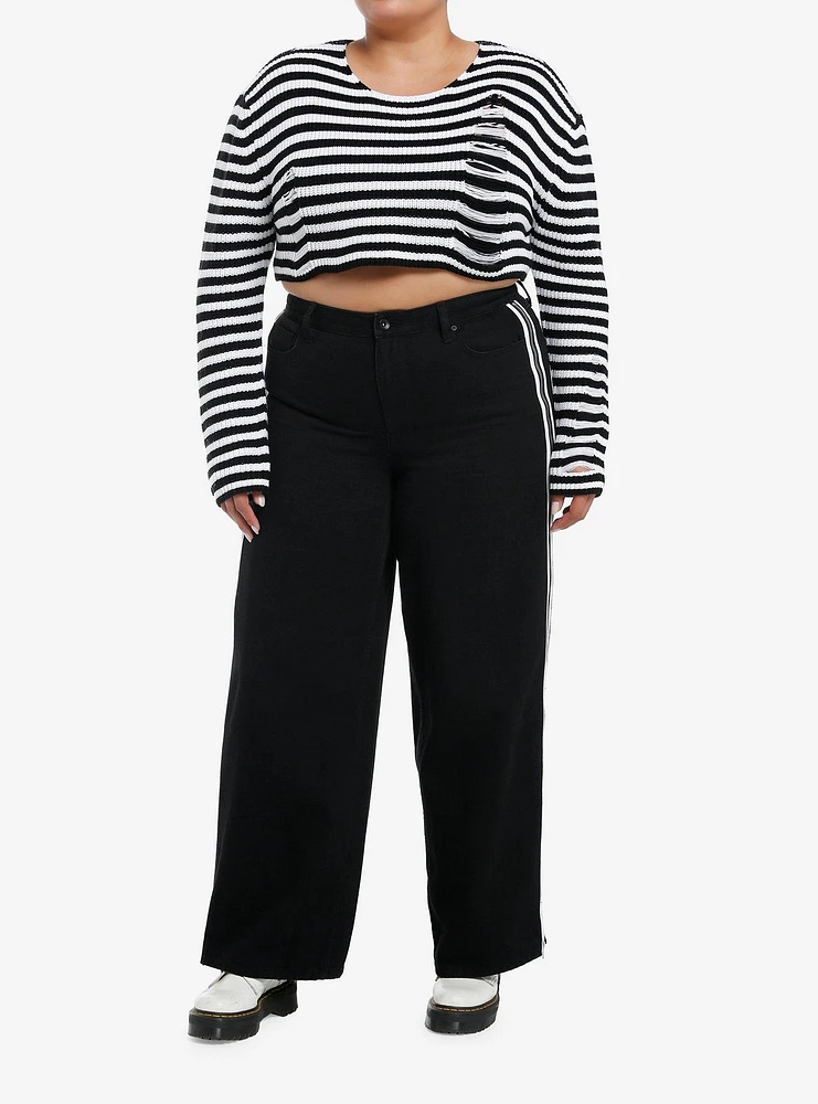 Social Collision Black & White Stripe Destructed Girls Crop Sweater Plus
