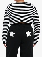 Social Collision Black & White Stripe Destructed Girls Crop Sweater Plus