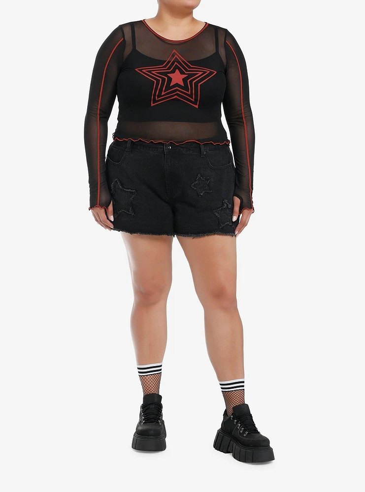 Social Collision Red Star Mesh Girls Crop Long-Sleeve Twofer Plus