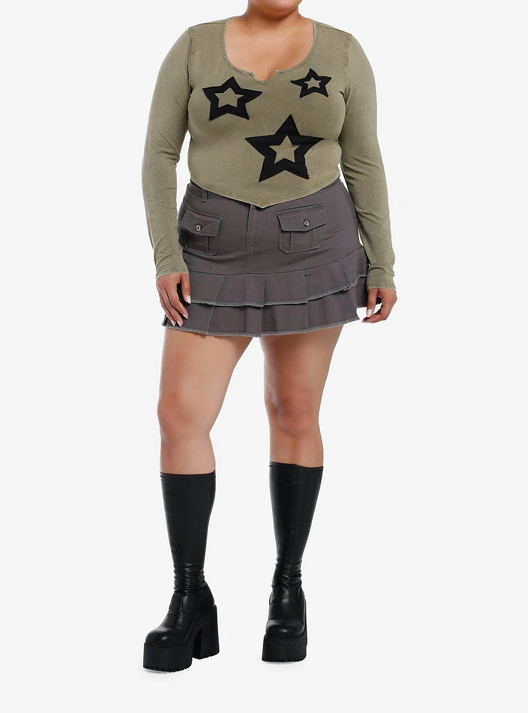 Social Collision Olive Star Patch Girls Crop Long-Sleeve Shirt Plus