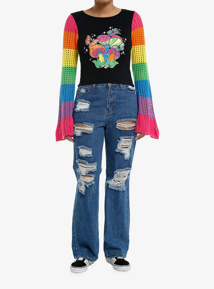 Social Collision Crochet Rainbow Mushroom Long-Sleeve Top