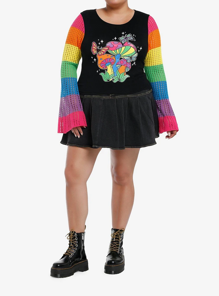 Social Collision Crochet Rainbow Mushroom Long-Sleeve Top Plus