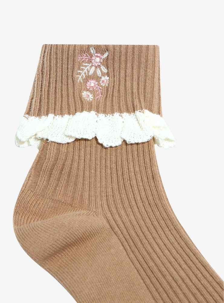 Taupe Floral Lace Ankle Socks